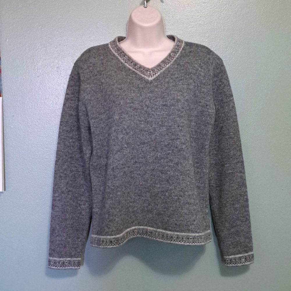 Vintage Wool Sweater Gray V-neck Large